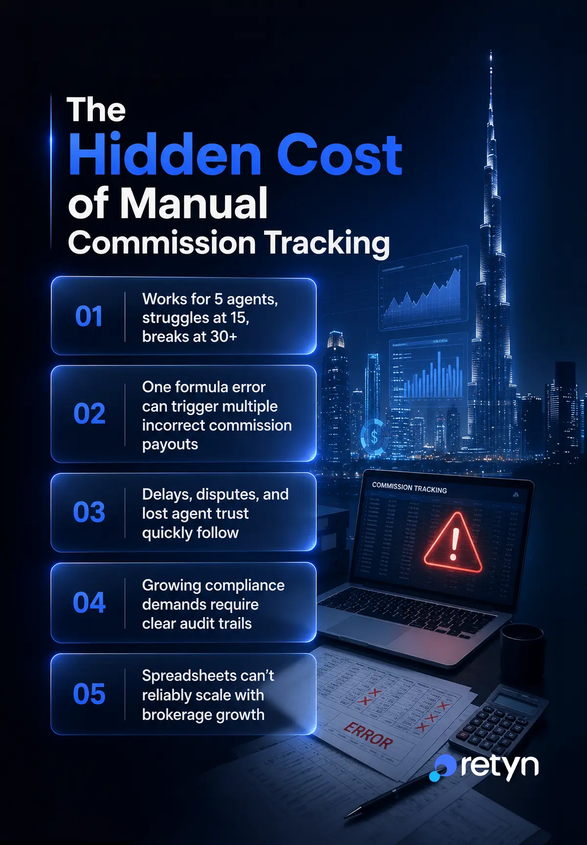 Infographic illustrating the hidden costs of manual commission split calculations in residential real estate brokerages